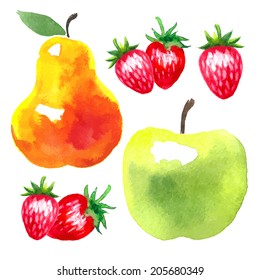 Vector watercolor set of fruits. Apple, strawberries and pear.