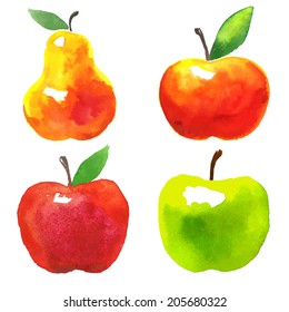 Vector watercolor set of fruits. Apples and pear.