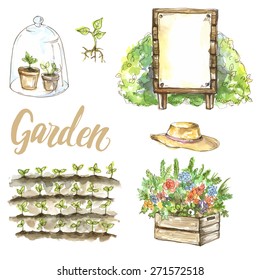 Vector watercolor set of garden items: sprouts, flowers, hat, garden bed, bush