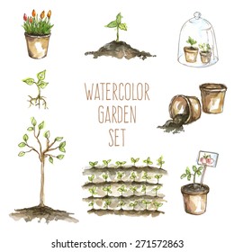 Vector watercolor set of garden items: sprouts, flowers, garden bed, pots, ground