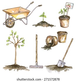 Vector watercolor set of garden items: wheelbarrow, sprout, tree, rake, shovel, pot