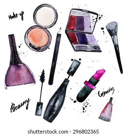Vector watercolor set of Glamorous makeup set of  cosmetics with nail polish and lipstick.Creative design for card, web design background, book cover.EPS10.