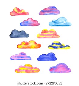 Vector watercolor set of hand drawn clouds. Yellow, pink, blue, purple, grey, orange and violet bright colors. Isolated.