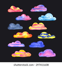 Vector watercolor set of hand drawn clouds. Yellow, pink, blue, purple, grey, orange and violet bright colors. Isolated.