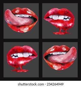 Vector watercolor set with red lips. Hand drawn illustration by watercolors