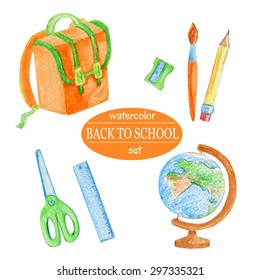 Vector watercolor set of school supplies in orange and green colors. Child pencil drawing style. Hand drawn bag, pencil, brush, globe, ruler, scissors. Back to school theme.