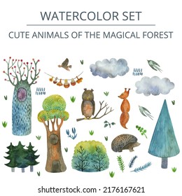 Vector Watercolor set with squirrel, owl, swallows, birds and trees in childish style.