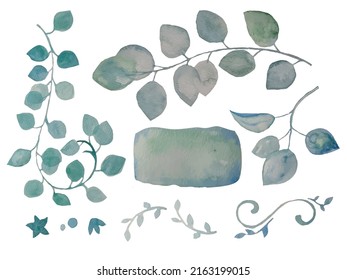 Acuarela vectorial con ramas y hojas. Elegante juego azul para postales.