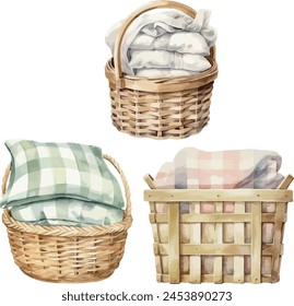 Vector watercolor set of wicker basket, rattan. Baby essentials, laundry room design. Clipart for design and greeting card, baby shower, invitation, birthday, party, post card, celebration, event.