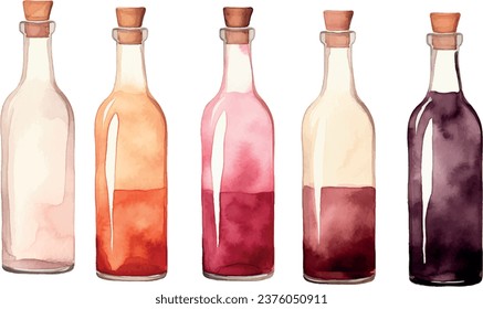 VECTOR  watercolor set of wine bottles, clip art, isolated, for design