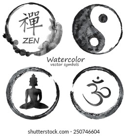 Vector watercolor set of yoga and buddhism label icons. Om, Zen, Buddha and Yin Yang signs design concept