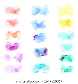 Vector watercolor shapes set in rainbow yellow, blue, green, purple, orange and pink colors isolated on white