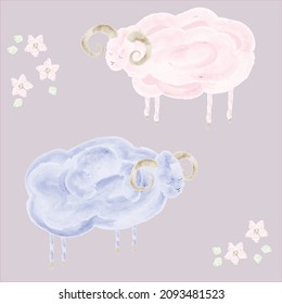 Vector watercolor sheep fluffy like clouds. Hand-crafted brushes. Naive style.