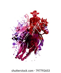 Vector Watercolor Silhouette Of Cowboy On A Horse