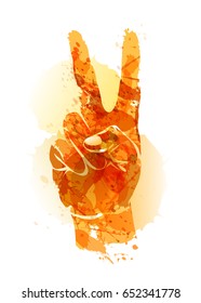 Vector watercolor silhouette of hand with a gesture of peace