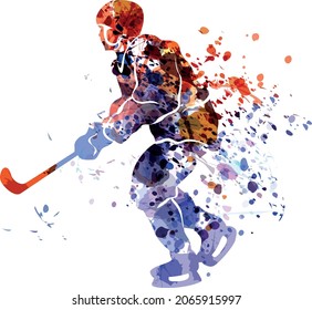 Vector watercolor silhouette of a hockey player