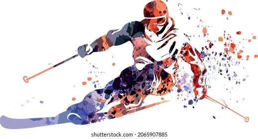 Vector watercolor silhouette of a skier