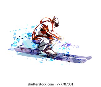 Vector watercolor silhouette of skier