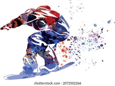 Vector watercolor silhouette of a snowboarder