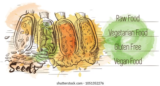 Vector watercolor sketch card of vegetarian food. Eco food. Seeds isolated on white sketch with characteristics.