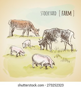 Vector watercolor sketch of grazing cows and pigs