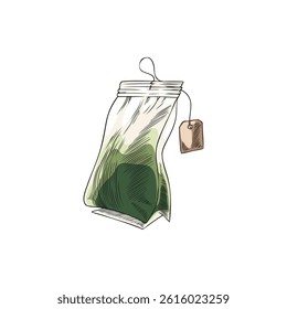 Vector watercolor sketch of herbal tea bag, hand drawn illustration. Transparent packaging with organic filling and tag on a string. Tea drinking. Isolation background. Vintage style.