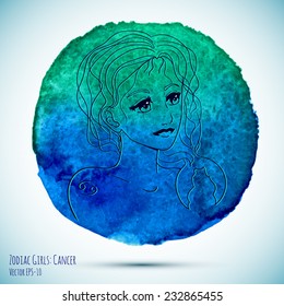 vector watercolor and sketch illustration beautiful woman in Cancer Zodiac sign with watercolor background