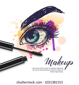 Vector watercolor sketch illustration of colorful female eye and makeup mascara. Watercolor background. Concept for beauty salon, cosmetics label, visage and makeup.