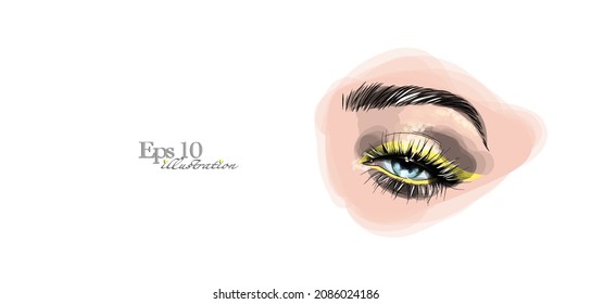 Vector watercolor sketch illustration of colorful female eye and makeup mascara. Watercolor background. Concept for beauty salon, cosmetics label, visage and makeup.