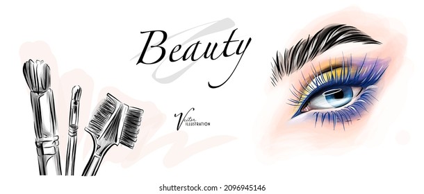 Vector watercolor sketch illustration of colorful female eye and makeup mascara. Watercolor background. Concept for beauty salon, cosmetics label, visage and makeup.