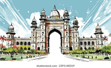 Vector Watercolor Sketch of Mumbai's Iconic Gateway of India. Mumbai's Gateway of India Watercolor Sketch. Gateway of India Illustration.