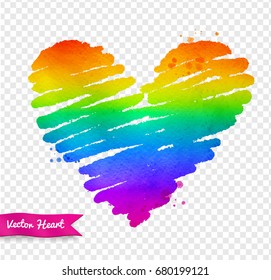 Vector watercolor sketch of rainbow colored heart with paint splashes on transparency background.