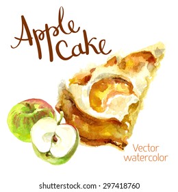Vector watercolor sketch. A slice of apple cake and apple