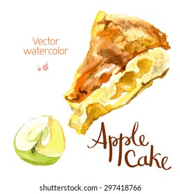 Vector watercolor sketch. A slice of apple cake and apple