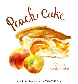 Vector watercolor sketch. Slice a peach cake and peaches