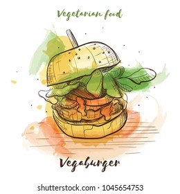 Vector watercolor sketch vegetarian food. Eco food. Vegaburger isolated on white sketch.