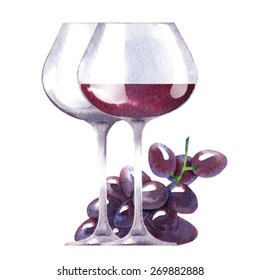 Vector watercolor sketch of wine and grapes.