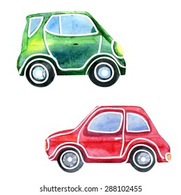 Vector watercolor sketchy illustration of two bright cars. Hand drawn isolated automobiles on white background.