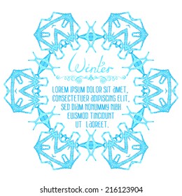 Vector watercolor snowflake on white background. There is place for your text in the center.