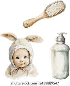 Vektorgrafik Aquarell Seifenflasche, Pinsel, Baby. Babyausstattung. Clipart für Design und Grußkarte, Babydusche, Einladung, Geburtstag, Party, Postkarte, Feier, Event, Urlaub und Druck.