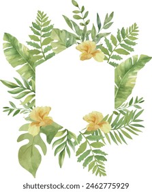 Vector Watercolor sophisticated frame with yellow flowers, monstera, palm leaves. Template space for text. Greeting cards, invitation, gender party, baby shower, birthday, event, holiday, wedding card