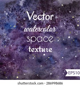 Vector watercolor space texture. Night sky with flickering stars. Beautiful background in black, dark blue, purple, violet and white colors.