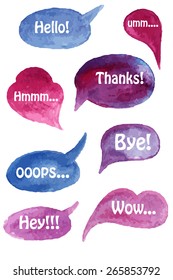 Vector Watercolor Speach Bubbles Set with Short Phrases on Separate Layer