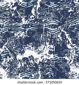 Vector watercolor splash pattern in blue color. Bold bohemian striped print for retro fashion textile design with ethnic motif and stripe. Seamless vintage grunge background. Brushstrokes and splatter