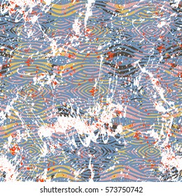 Vector watercolor splash pattern in blue color. Bold nautical striped print for retro fashion textile design with ethnic motif and stripe. Seamless vintage grunge background. Brushstrokes and splatter