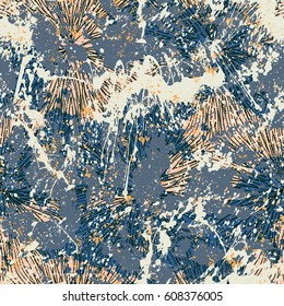 Vector watercolor splash pattern. Bold bohemian print with ethnic motifs and stripes. Seamless vintage grunge background. Brushstrokes and splatters