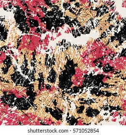 Vector watercolor splash pattern in bright color. Bold bohemian striped print for retro fashion textile design with ethnic motif and stripe Seamless vintage grunge background Brushstrokes and splatter