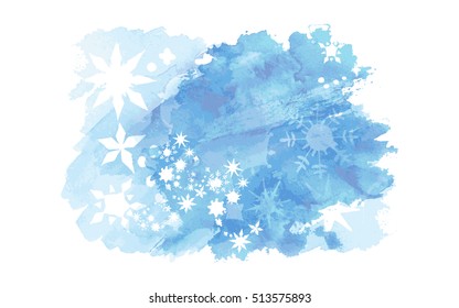 Vector watercolor splash texture. Hand-drawn blob, spot. Winter Christmas and New Year xmas theme. Blue colors abstract background. Snowfall. Silhouettes of snowflakes. Winter seasonal texture.