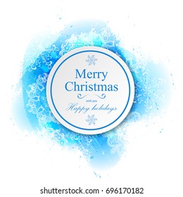 Vector watercolor splash texture. Hand-drawn blob, spot. Winter Christmas and New Year xmas theme. Blue colors abstract background. Snowfall. Silhouettes of snowflakes. Winter seasonal texture.