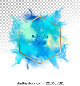 Vector watercolor splash with transparent details and gold frame. Abstract painting background
